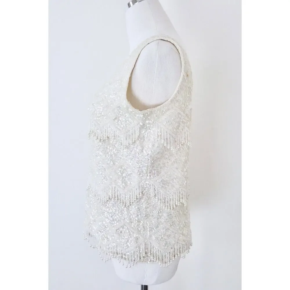 Vintage 1960s Mai Ling Beaded Shell Top Made In Hong Kong Sleeveless Cream - Picture 7 of 12